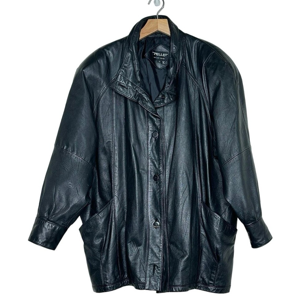 Pelle Leather Jacket Large Black Vintage 80s Funnel Neck Longline Oversized